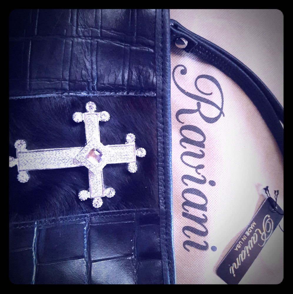 Raviani rhinestone-encrusted cross black handbag